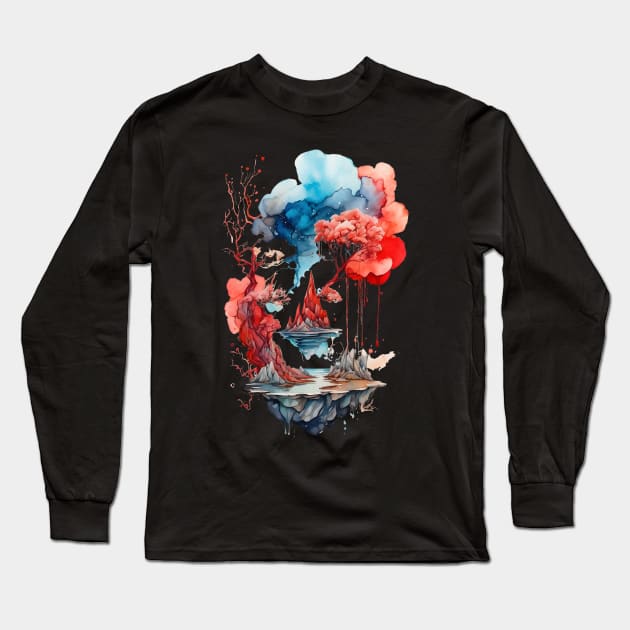 The Crimson and Azure Mountain Escape Long Sleeve T-Shirt by E-Jinn